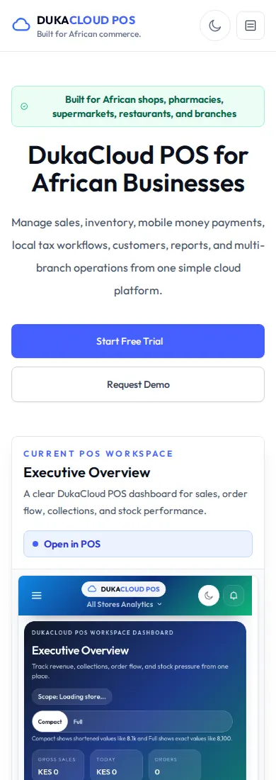 DukaCloud POS Platform, mobile homepage